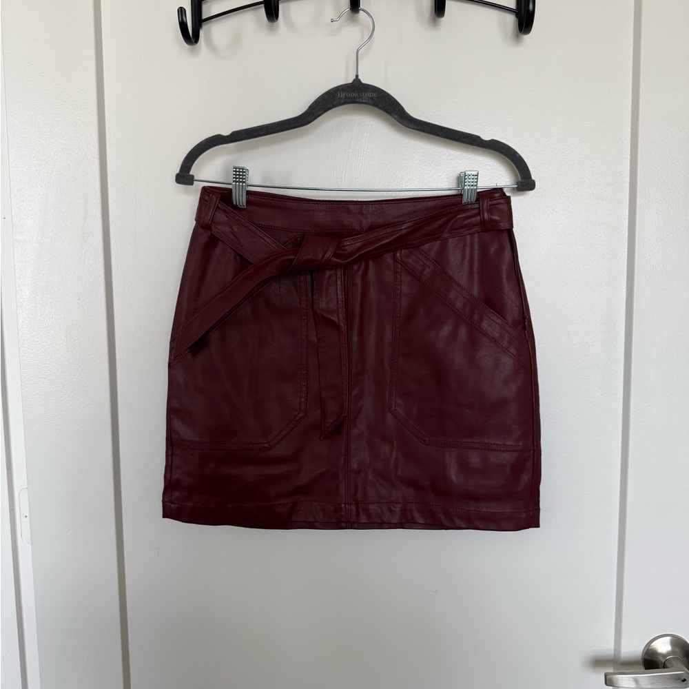 Express Burgundy Faux Leather Mini Skirt with Tie Waist